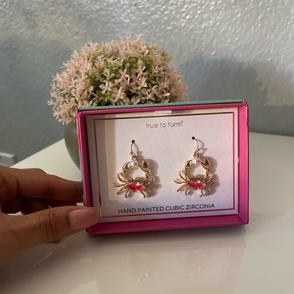 True to Form Gold Crab Drop Earrings with Pink Accents